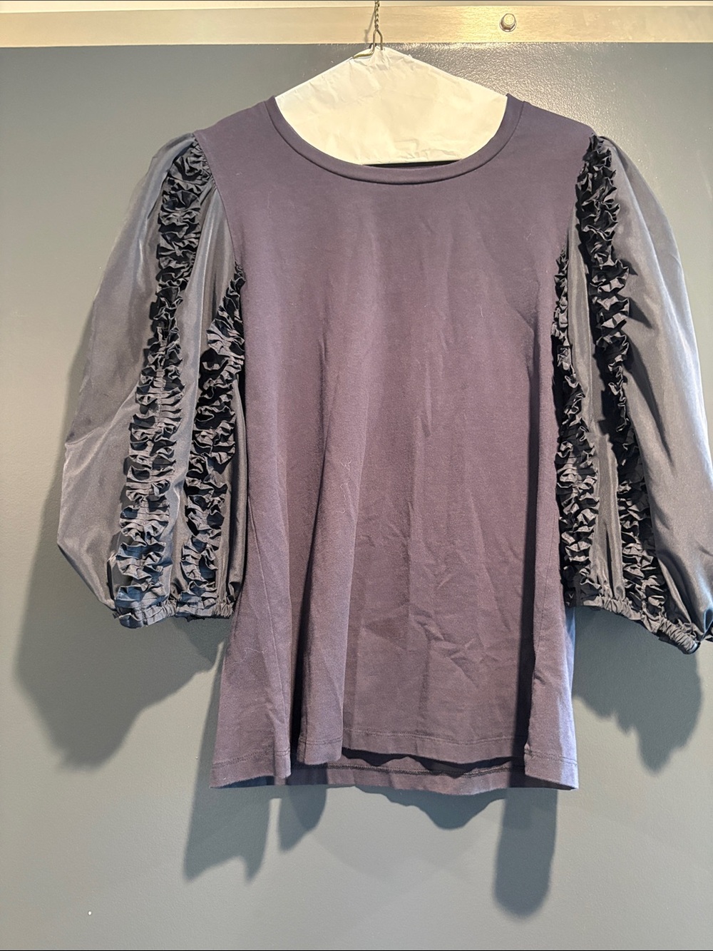 Women's Puff Sleeve Ruffle Top in navy blue